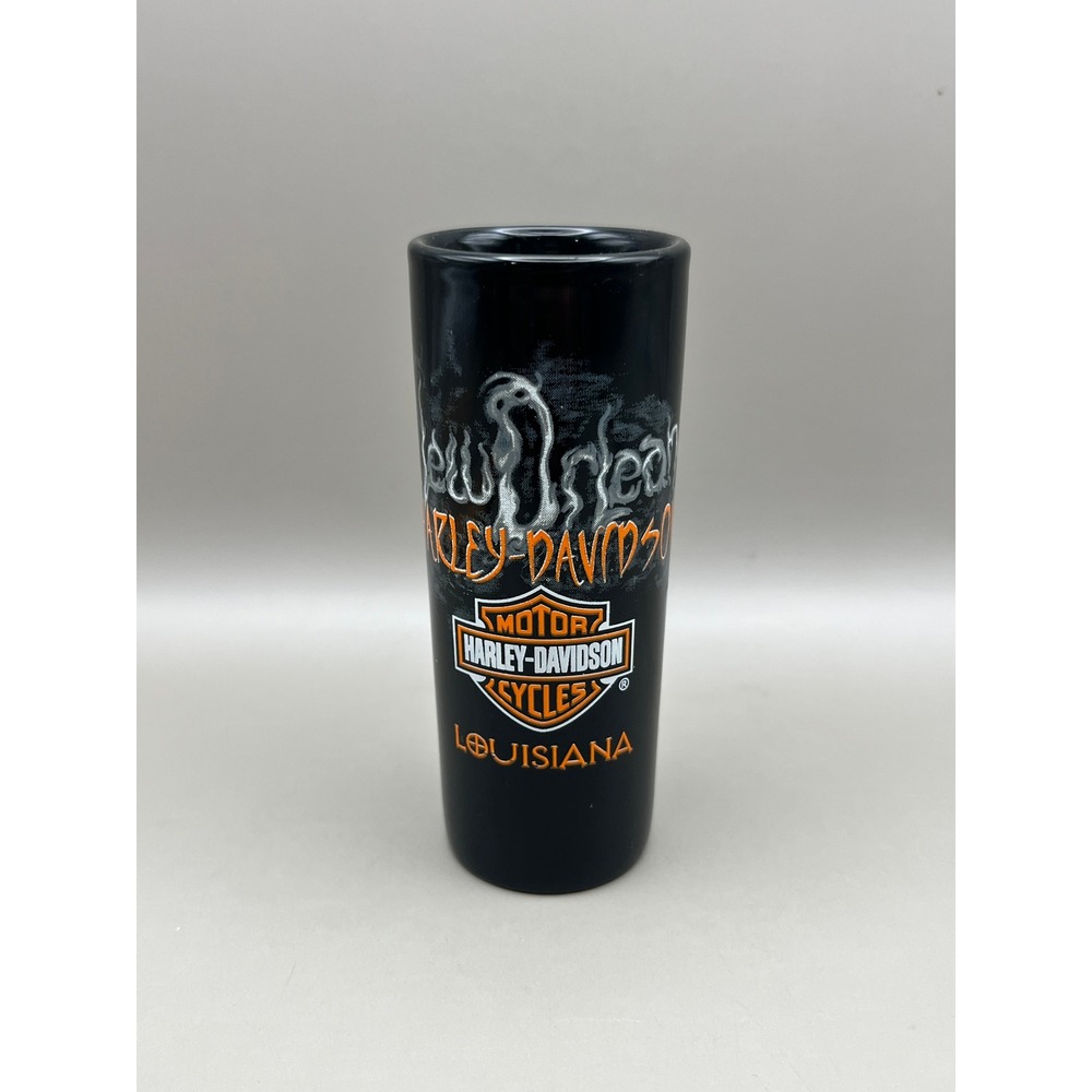 Harley-Davidson New Orleans Louisiana Shot Glass Black Ceramic Tall 4" 2 oz‎